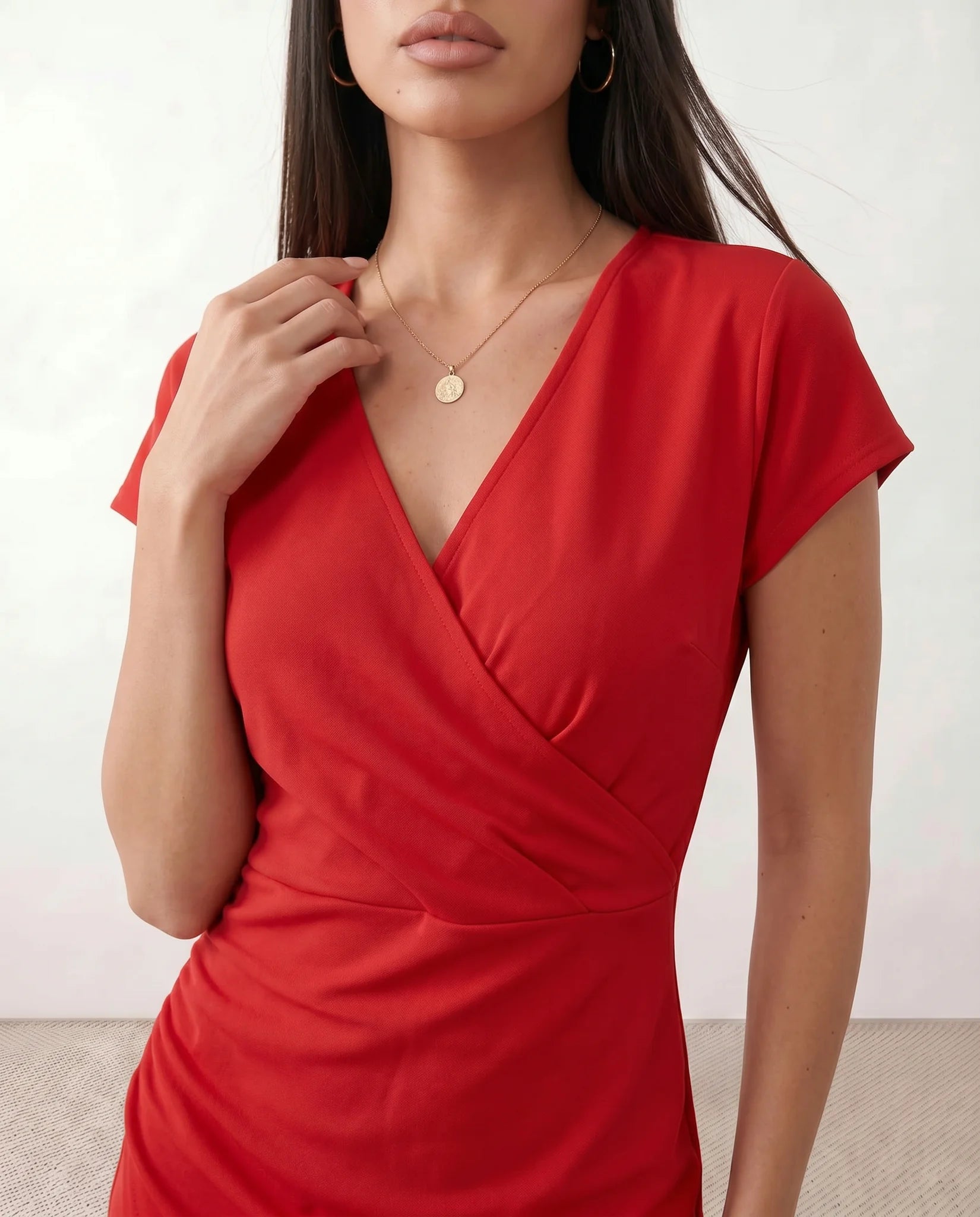 Eugenia Draped Midi Dress in Red — detail close-up