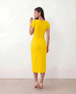 Eugenia Draped Midi Dress in Yellow — back view