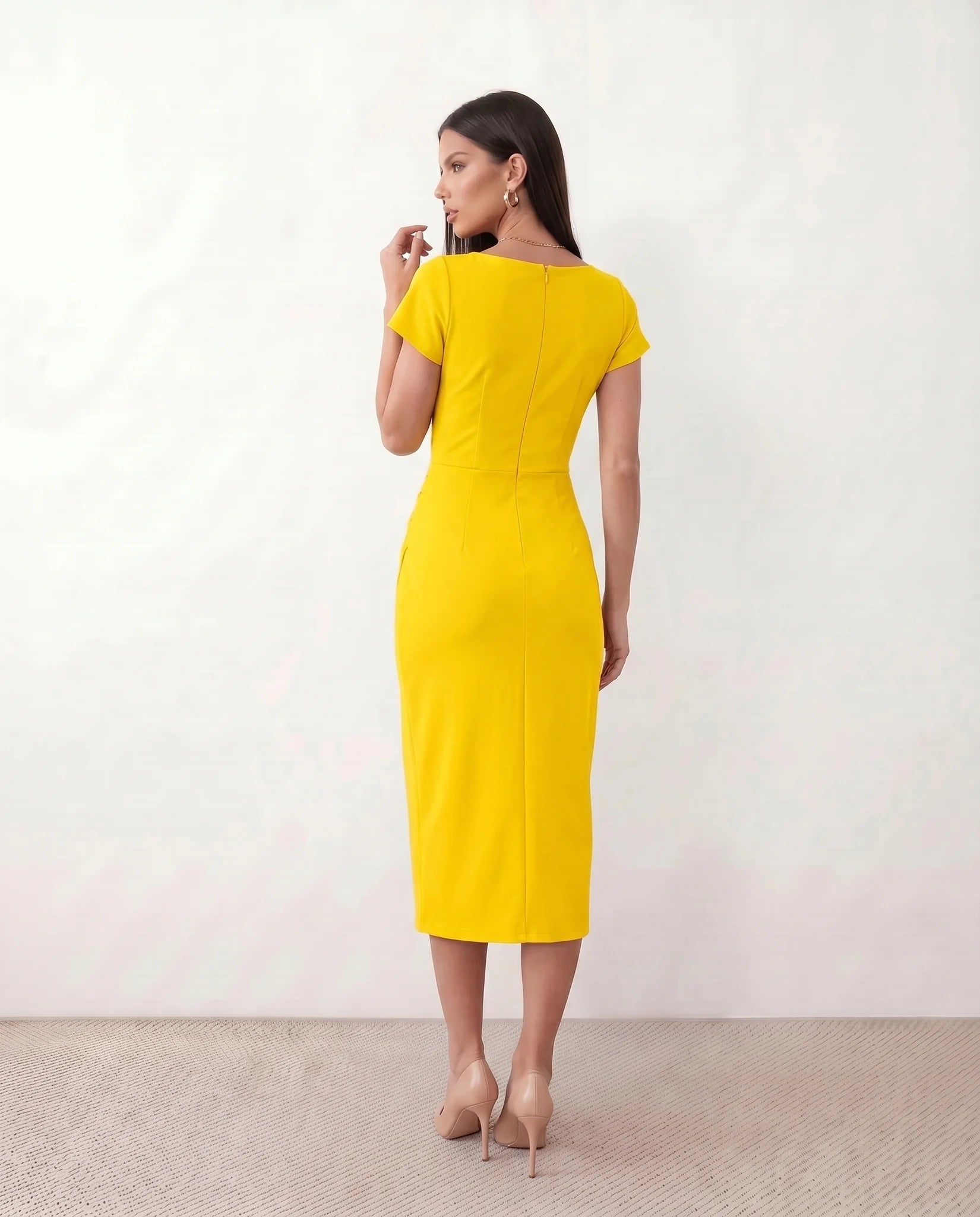 Eugenia Draped Midi Dress in Yellow — back view