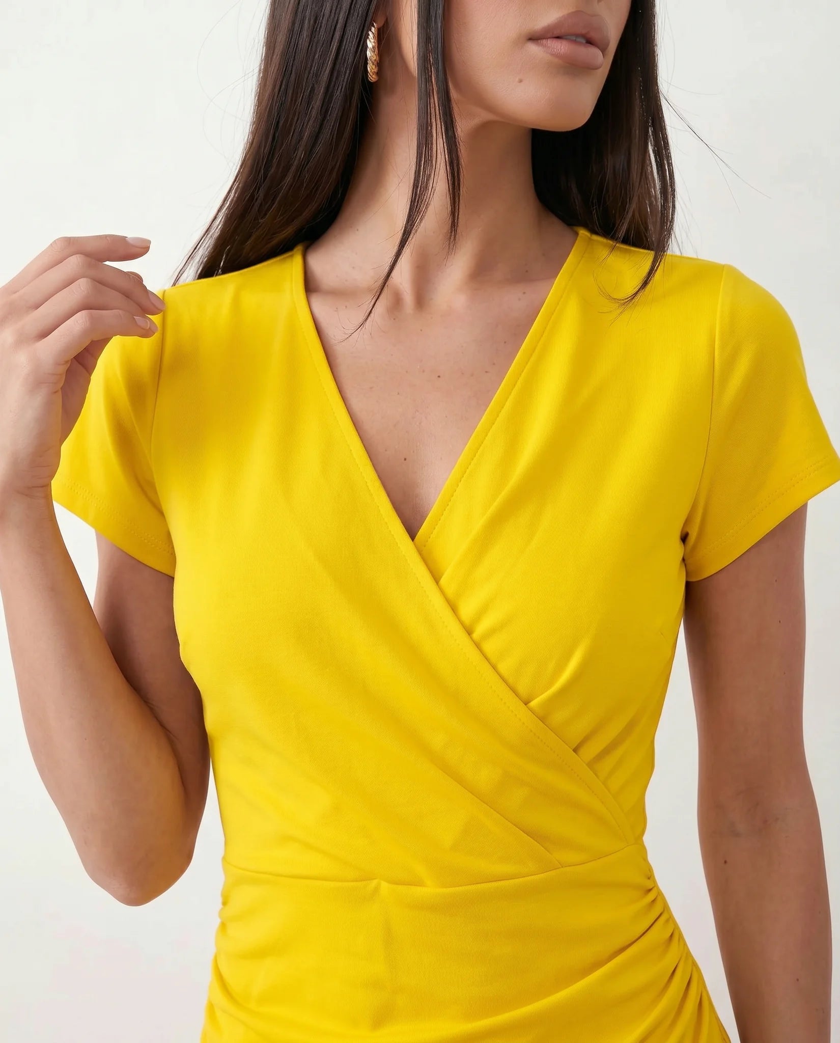Eugenia Draped Midi Dress in Yellow — detail close-up