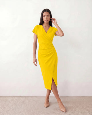 Eugenia Draped Midi Dress in Yellow — front view