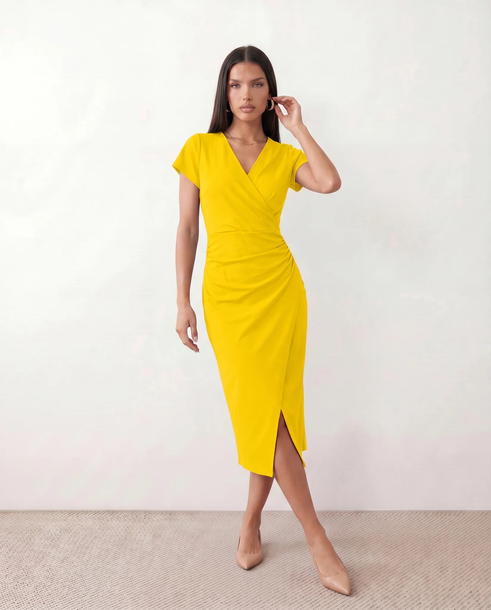 Eugenia Draped Midi Dress in Yellow — front view