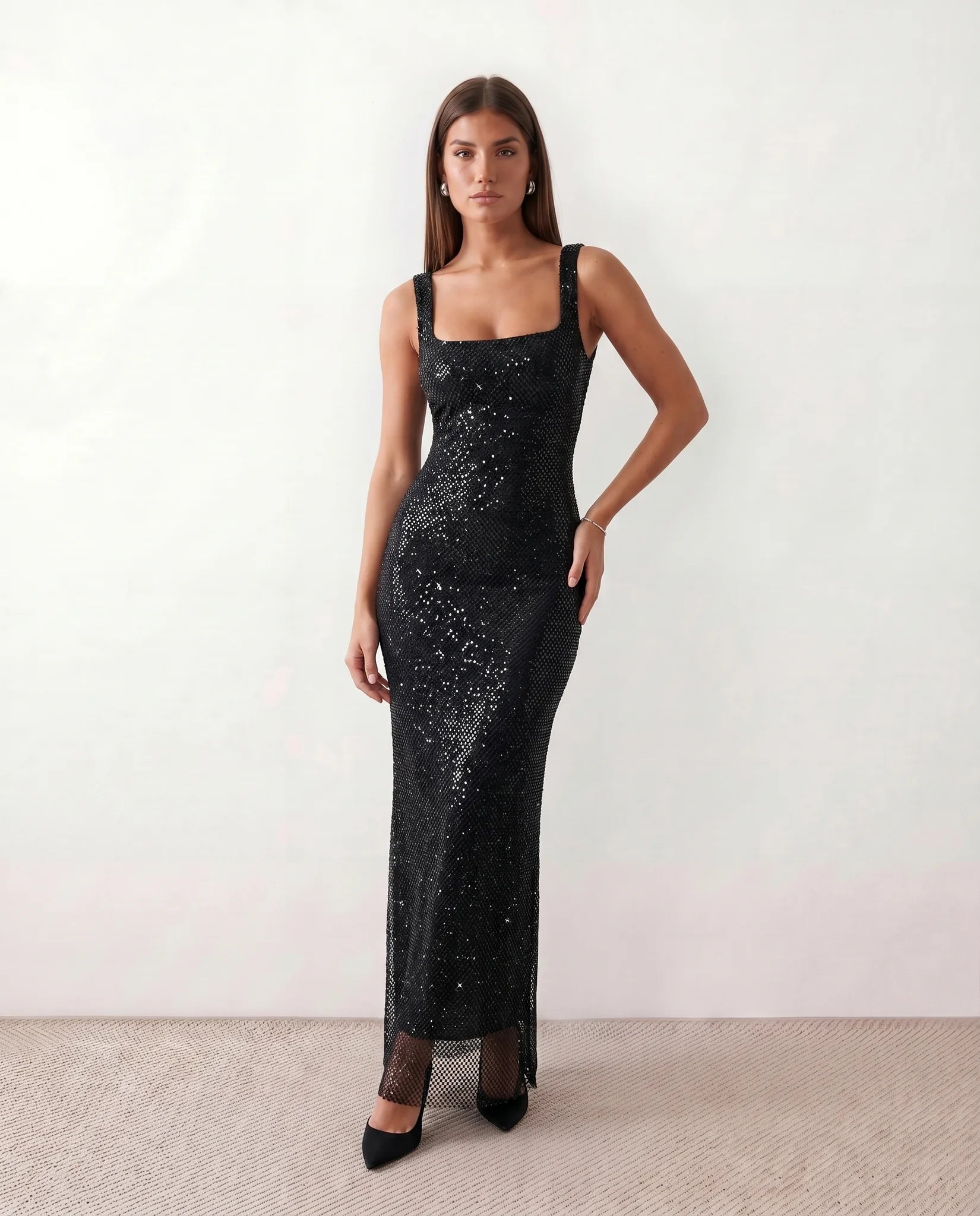 Mihaela Sequined Low Back Maxi Dress in Black — front view