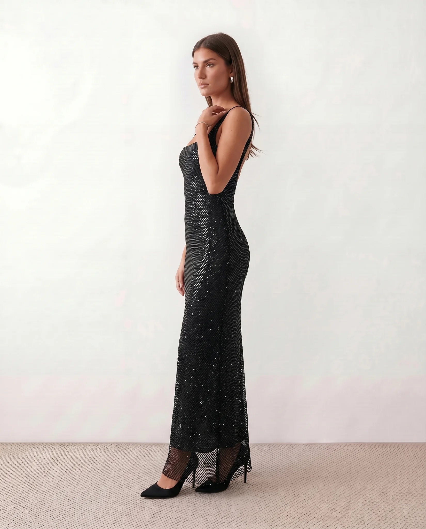 Mihaela Sequined Low Back Maxi Dress in Black — side view