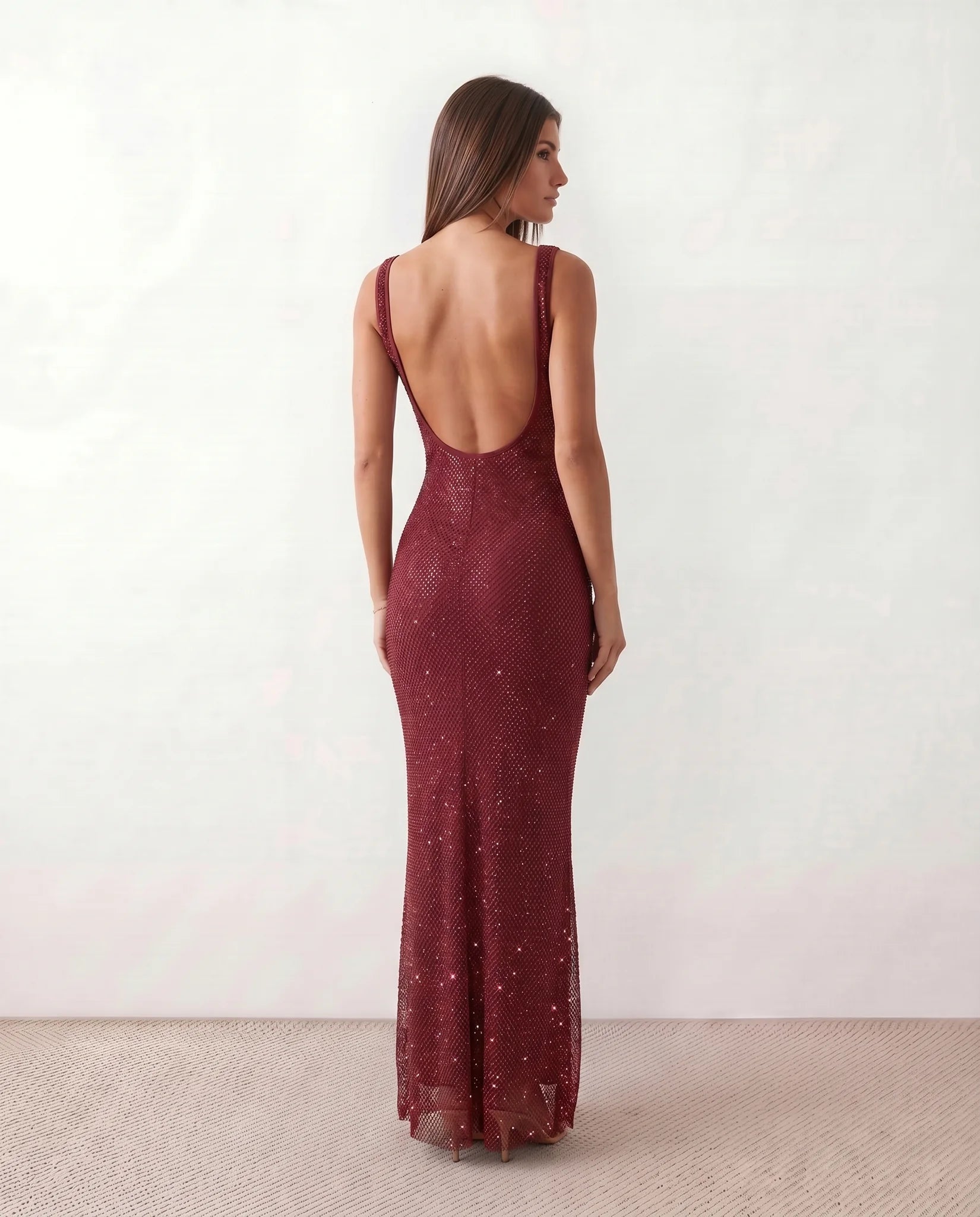Mihaela Sequined Low Back Maxi Dress in Burgundy — back view