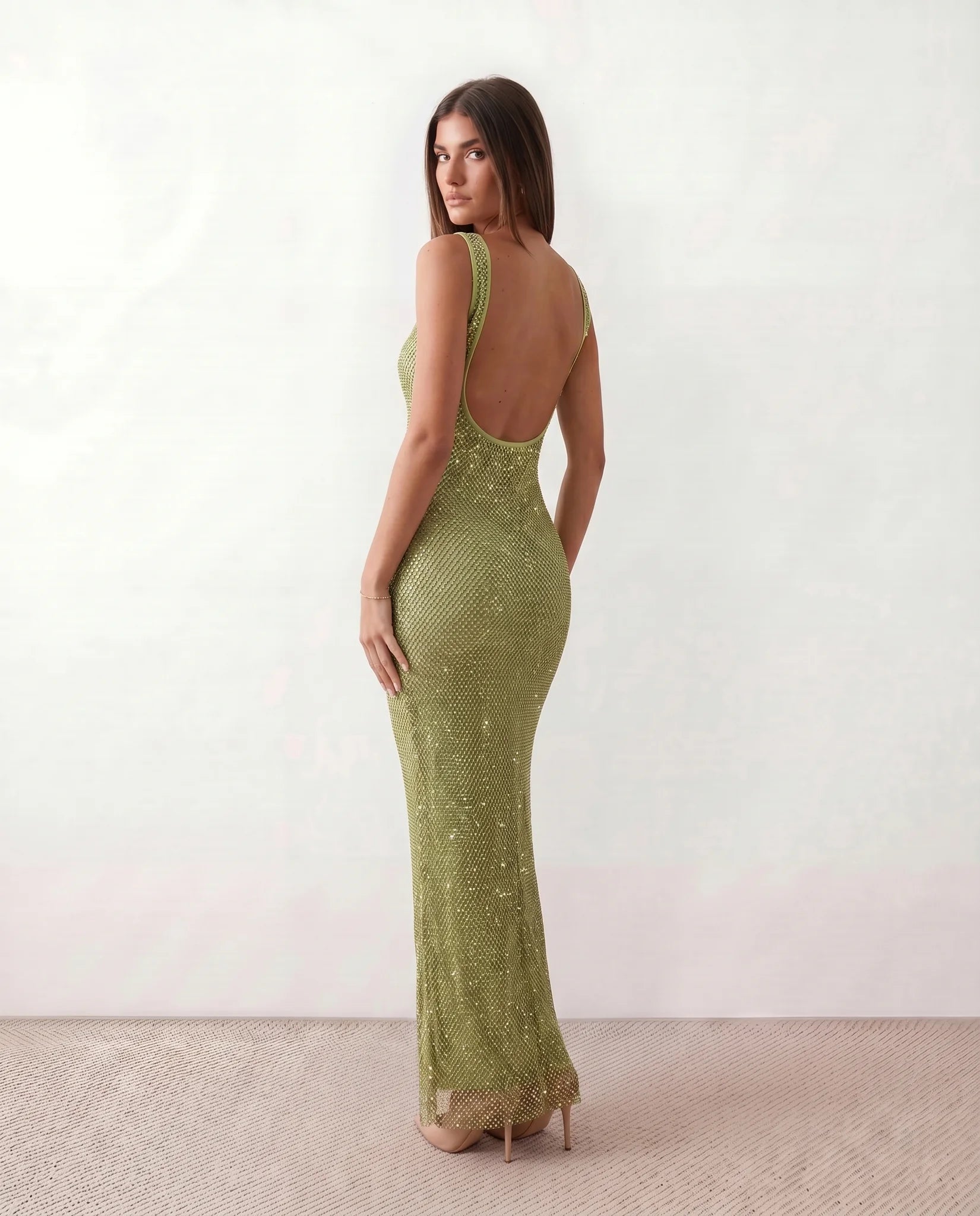 Mihaela Sequined Low Back Maxi Dress in Olive — back view