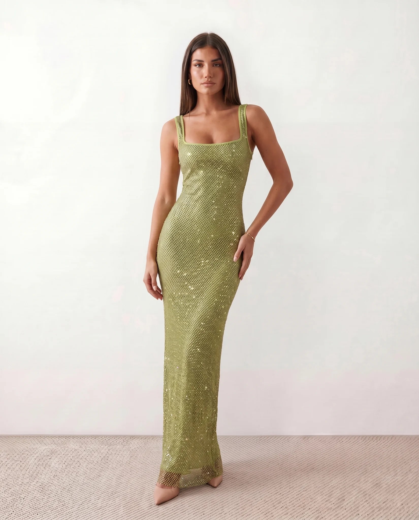 Mihaela Sequined Low Back Maxi Dress in Olive — front view