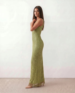 Mihaela Sequined Low Back Maxi Dress in Olive — side view