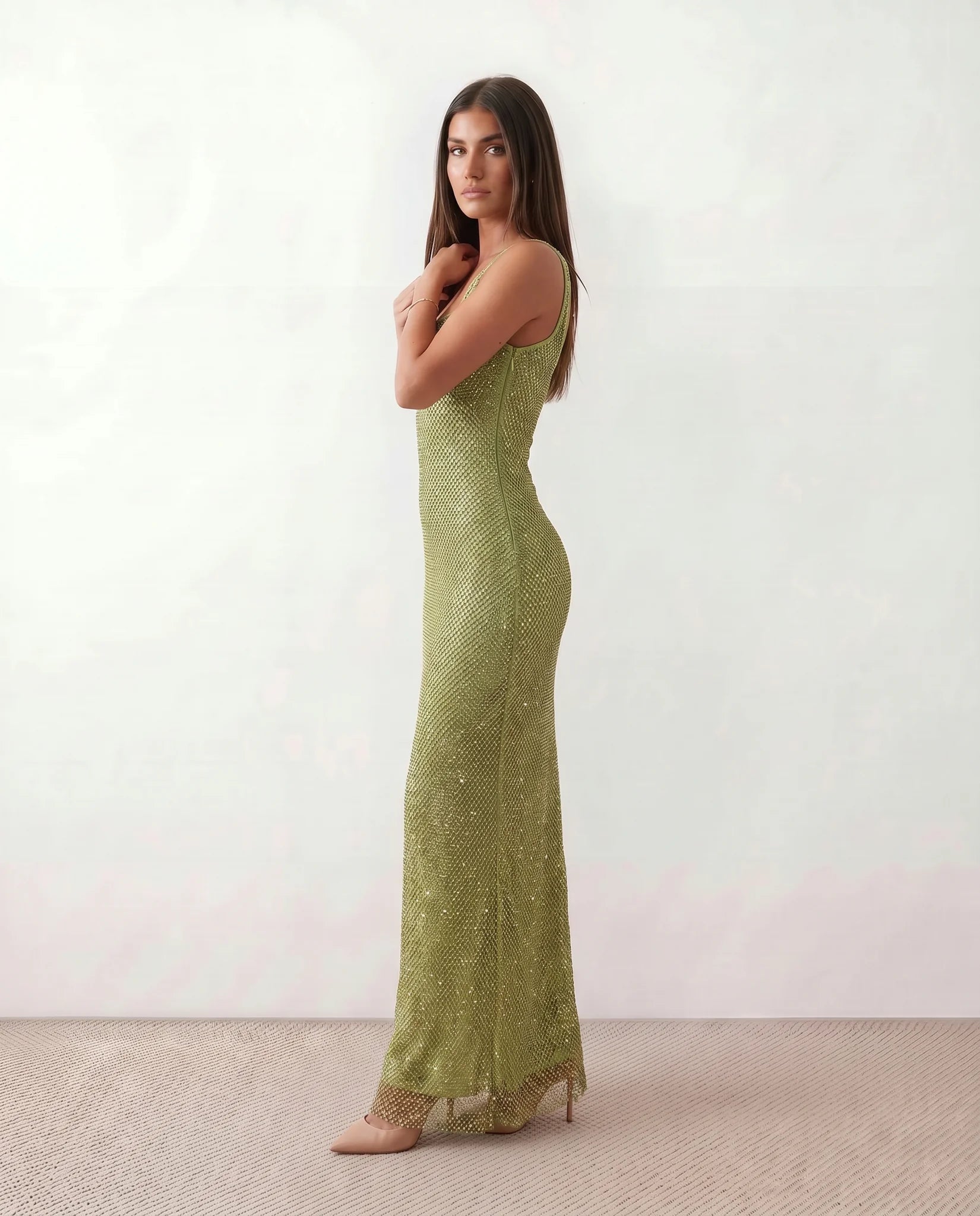 Mihaela Sequined Low Back Maxi Dress in Olive — side view