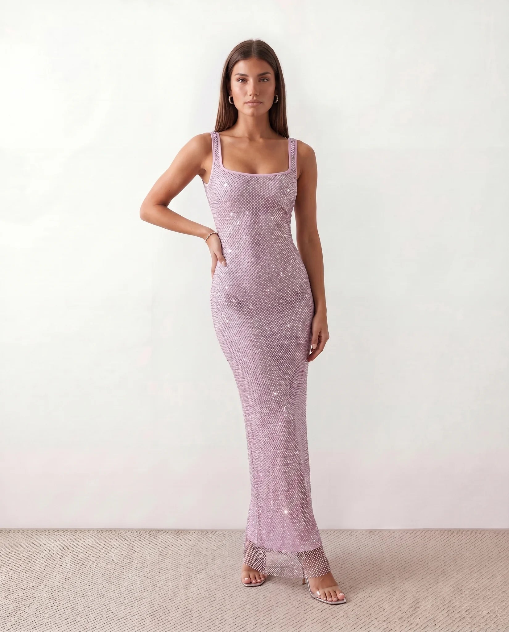 Mihaela Sequined Low Back Maxi Dress in Pink — front view