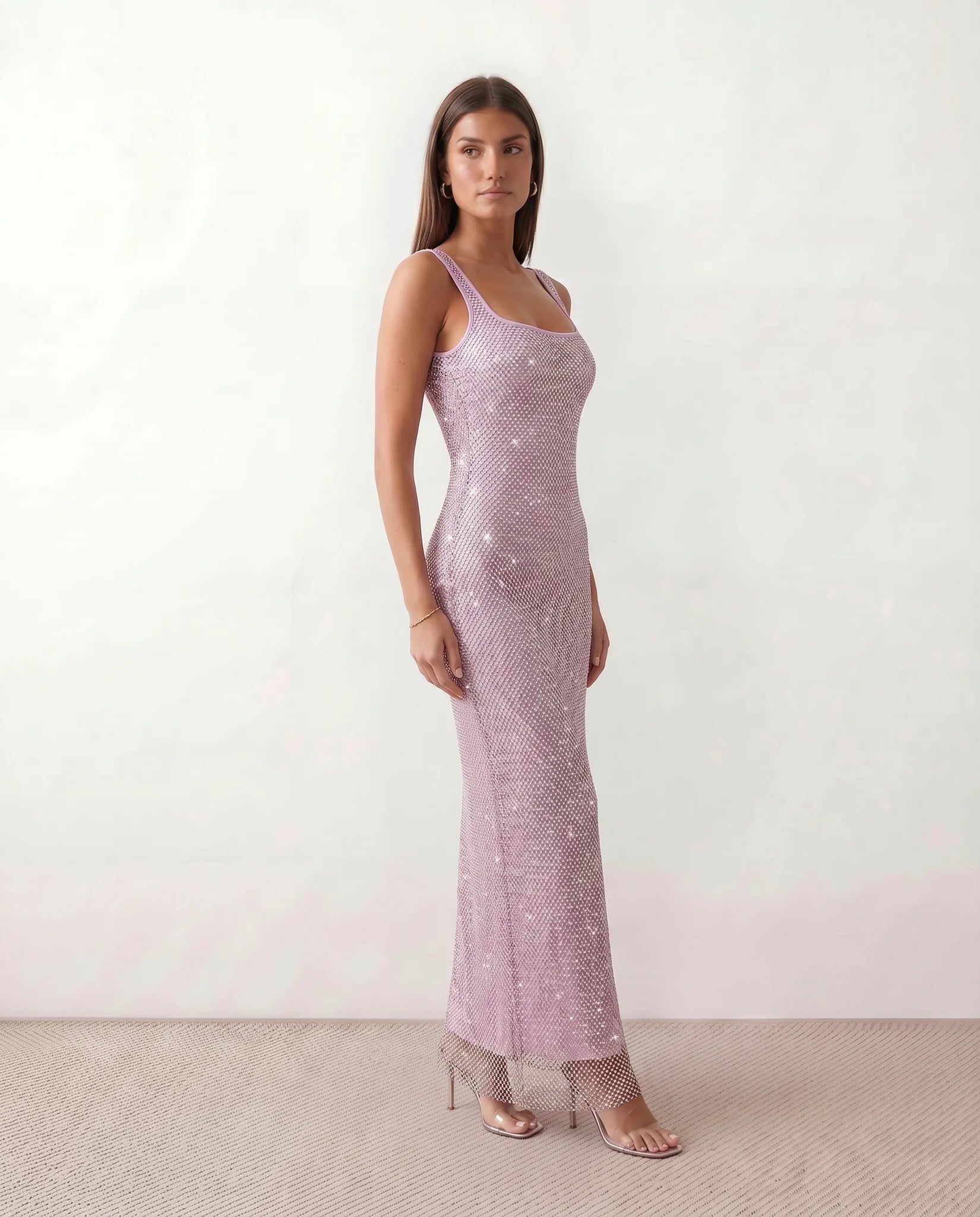 Mihaela Sequined Low Back Maxi Dress in Pink — side view