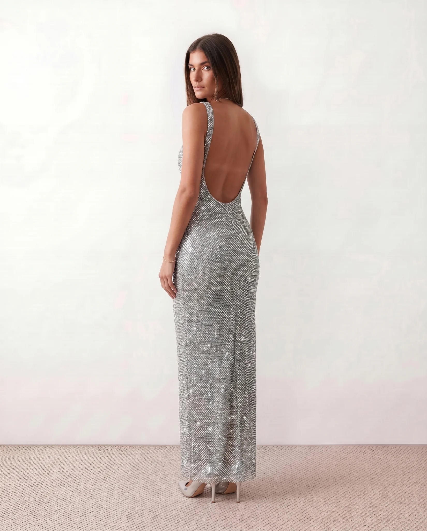 Mihaela Sequined Low Back Maxi Dress in Silver — back view