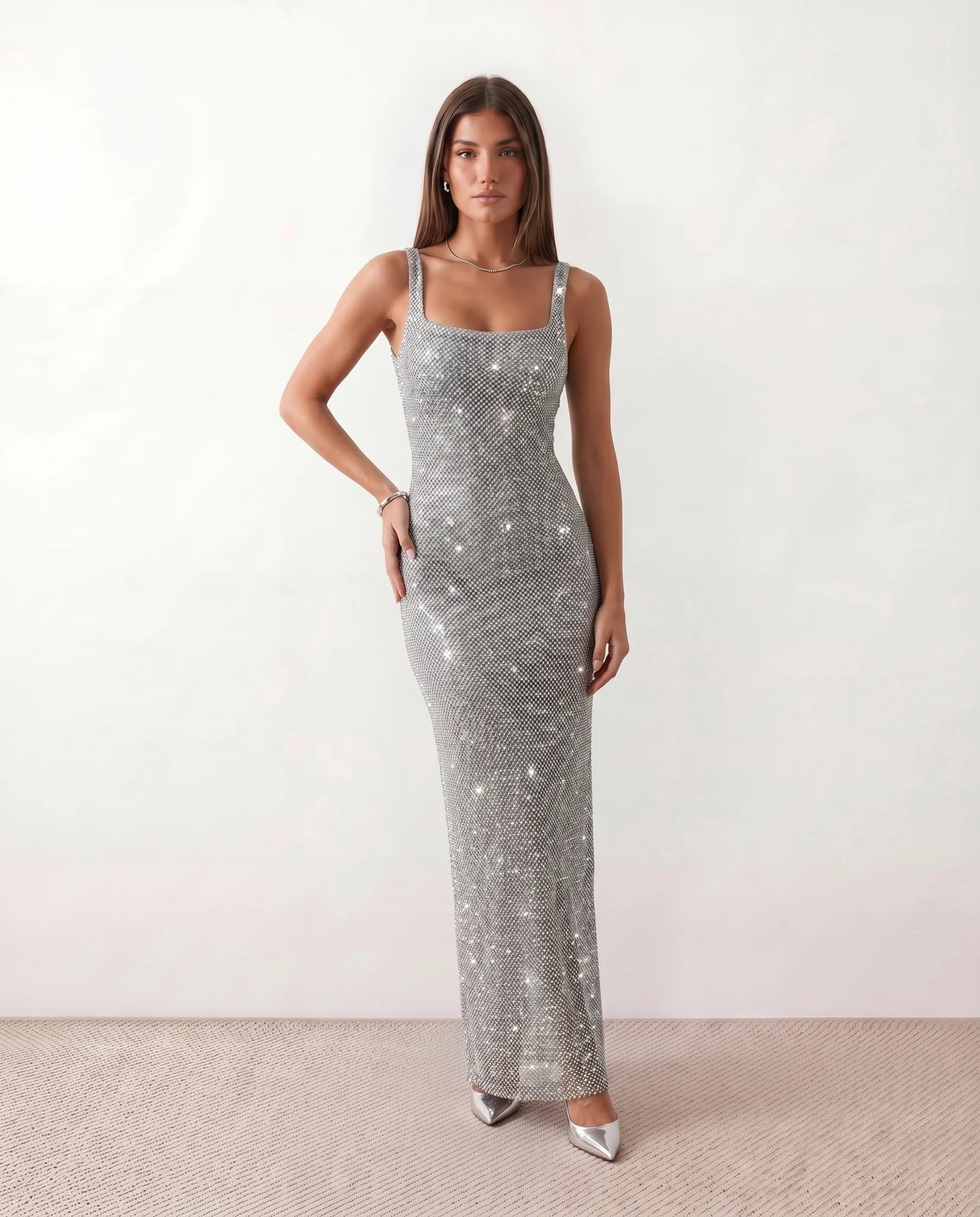 Mihaela Sequined Low Back Maxi Dress in Silver — front view