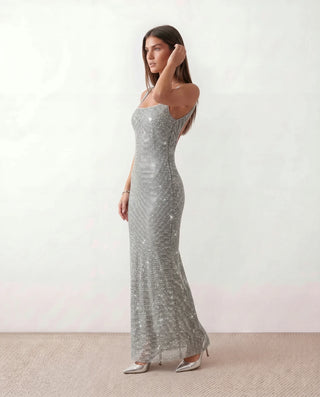 Mihaela Sequined Low Back Maxi Dress in Silver — side view