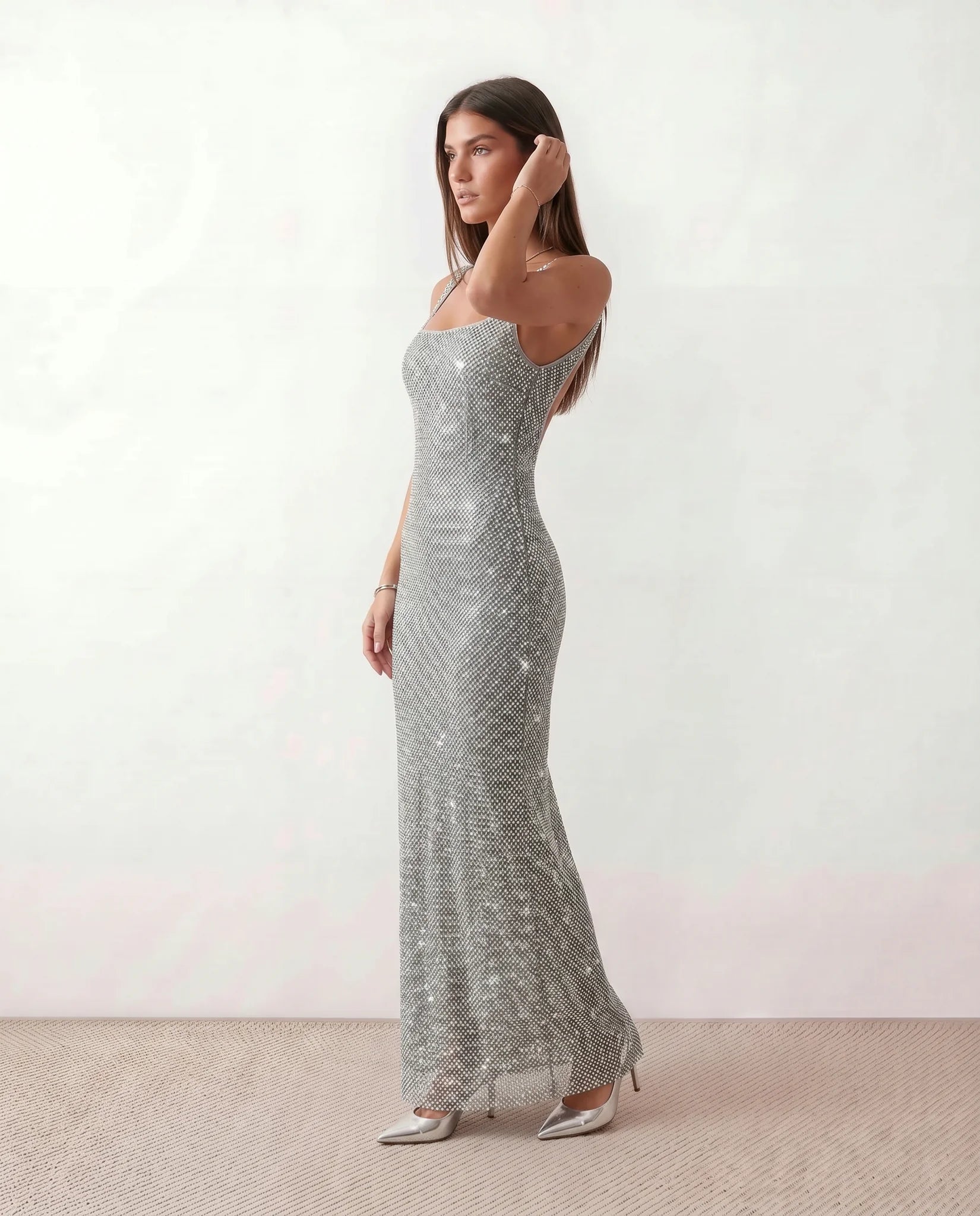 Mihaela Sequined Low Back Maxi Dress in Silver — side view