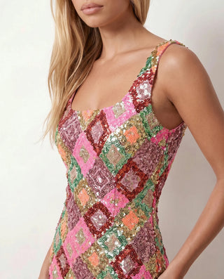 Tiarna Sequined Low Back Mini Dress in Geometric Pink — detail close-up