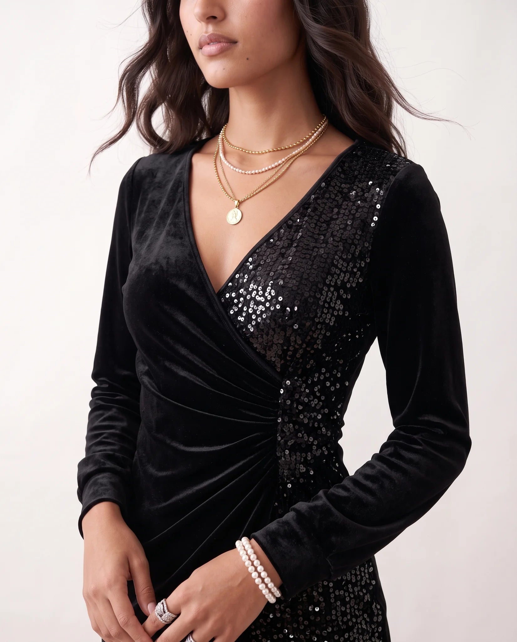 Lidija Sequined Ruched Mini Dress in Black — detail close-up