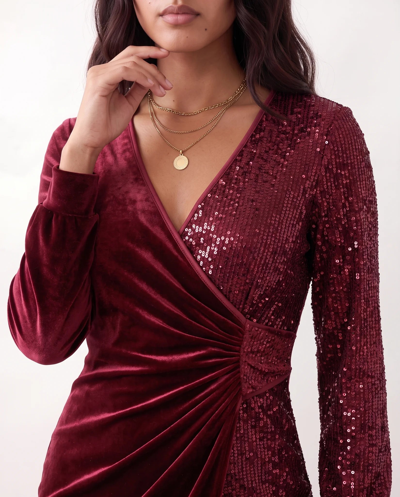 Lidija Sequined Ruched Mini Dress in Burgundy — detail close-up