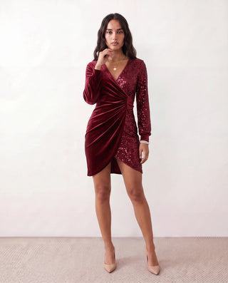 Lidija Sequined Ruched Mini Dress in Burgundy — front view