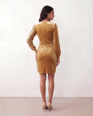 Lidija Sequined Ruched Mini Dress in Gold — back view