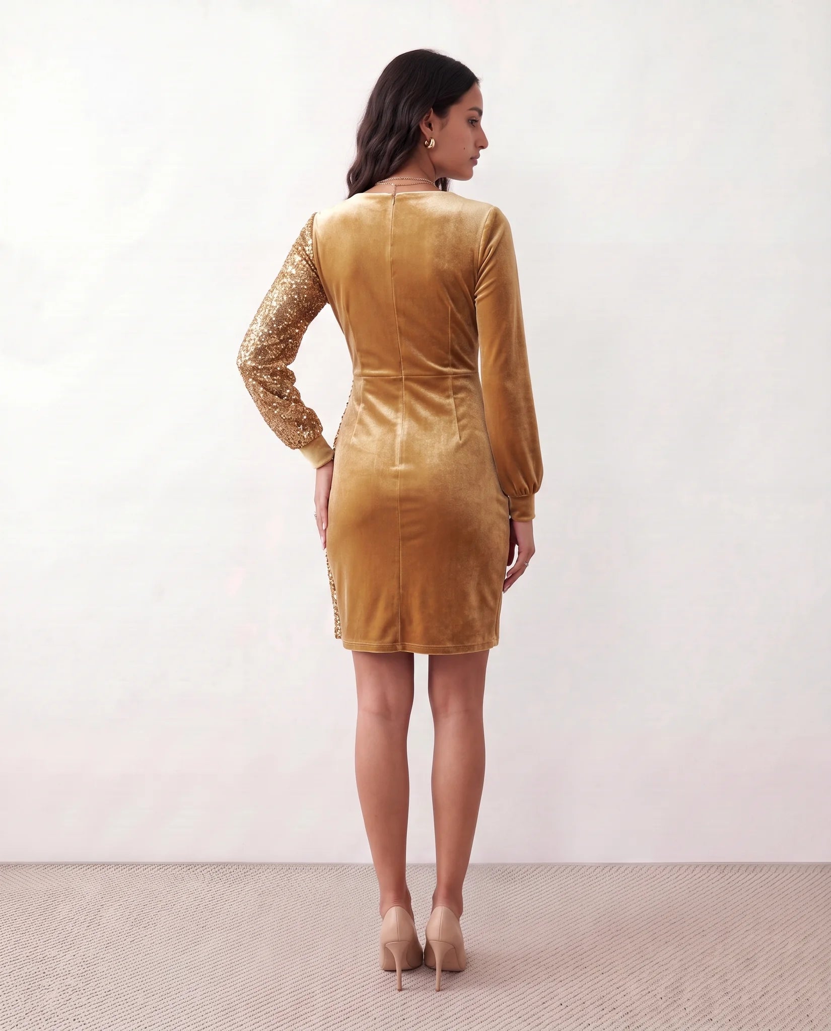 Lidija Sequined Ruched Mini Dress in Gold — back view