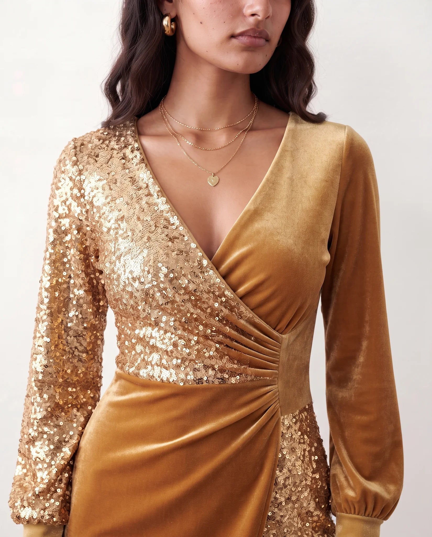 Lidija Sequined Ruched Mini Dress in Gold — detail close-up