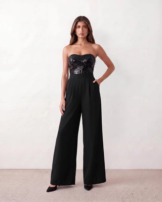 Rodica Sequined Strapless Jumpsuit in Black — front view