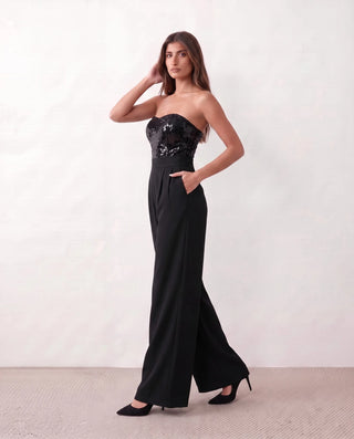 Rodica Sequined Strapless Jumpsuit in Black — side view
