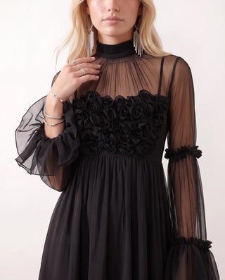 Yasmine Flower Applique Mini Dress in Black — detail close-up