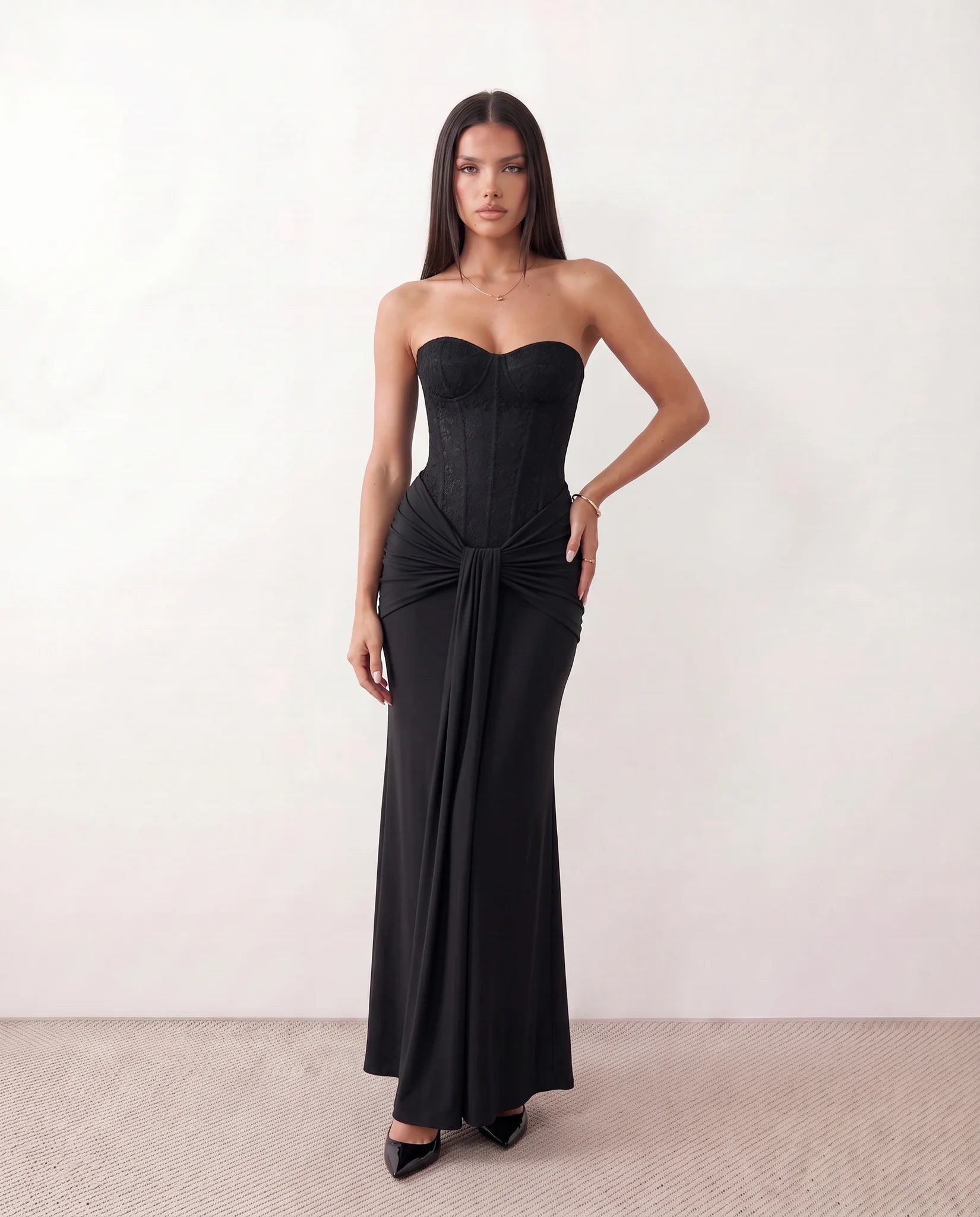 Ulrika Sequined Strapless Maxi Dress in Black — front view