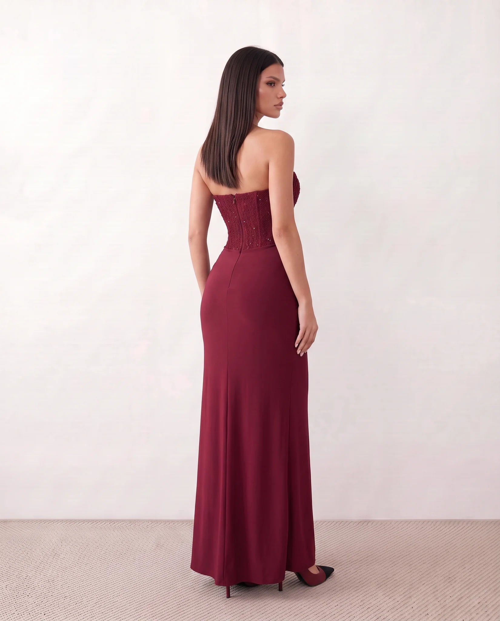 Ulrika Sequined Strapless Maxi Dress in Burgundy — back view