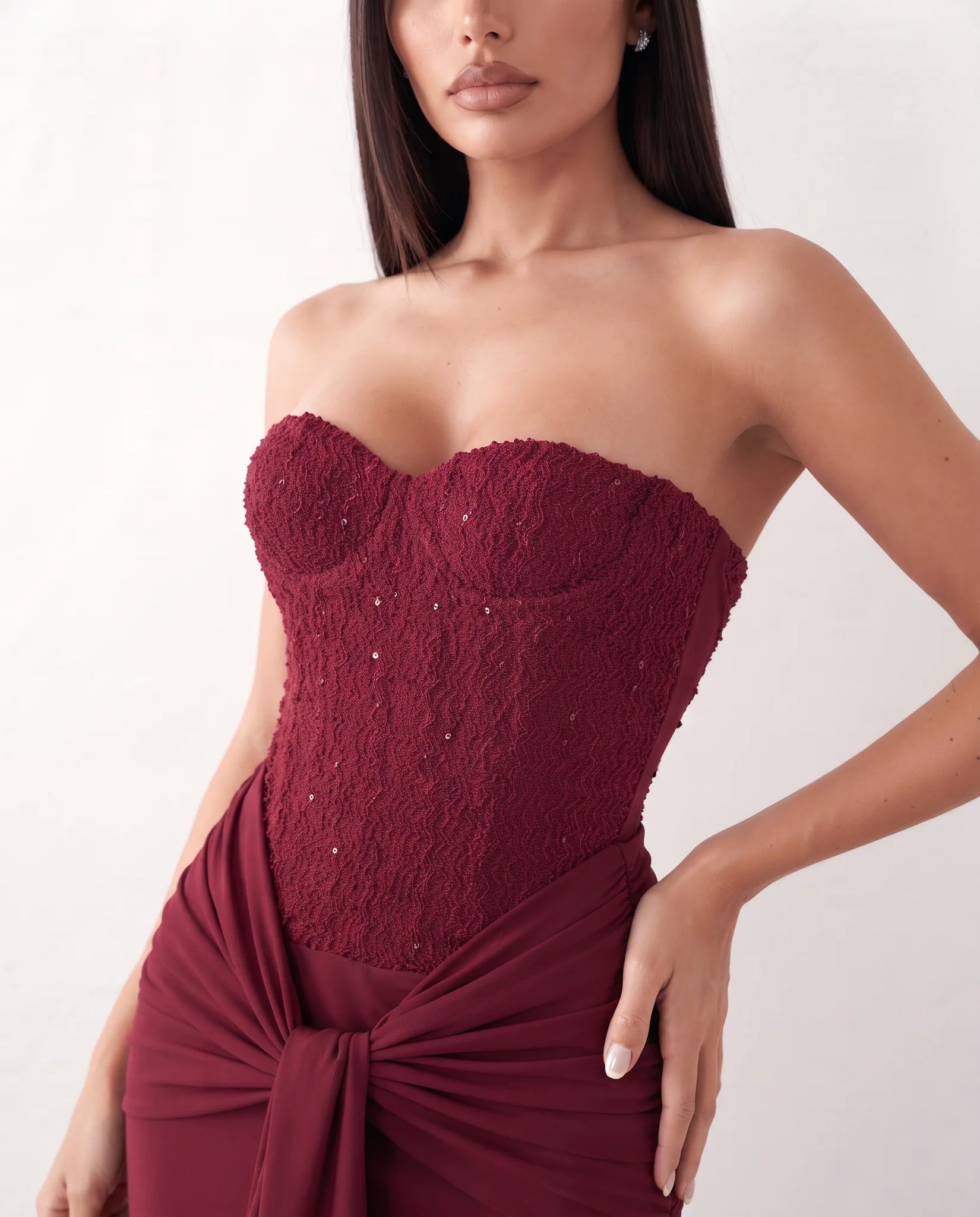 Ulrika Sequined Strapless Maxi Dress in Burgundy — detail close-up