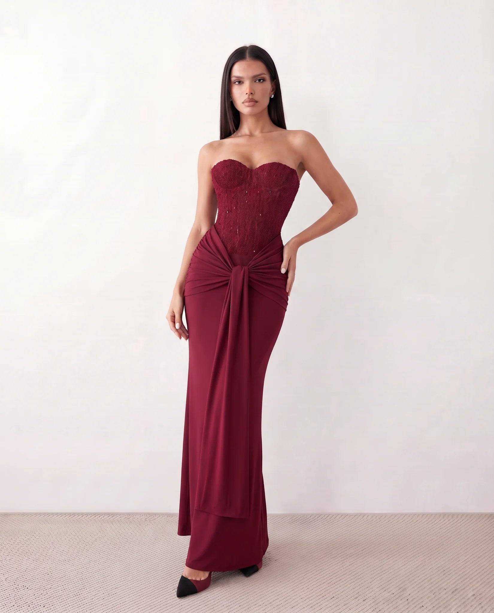 Ulrika Sequined Strapless Maxi Dress in Burgundy — front view