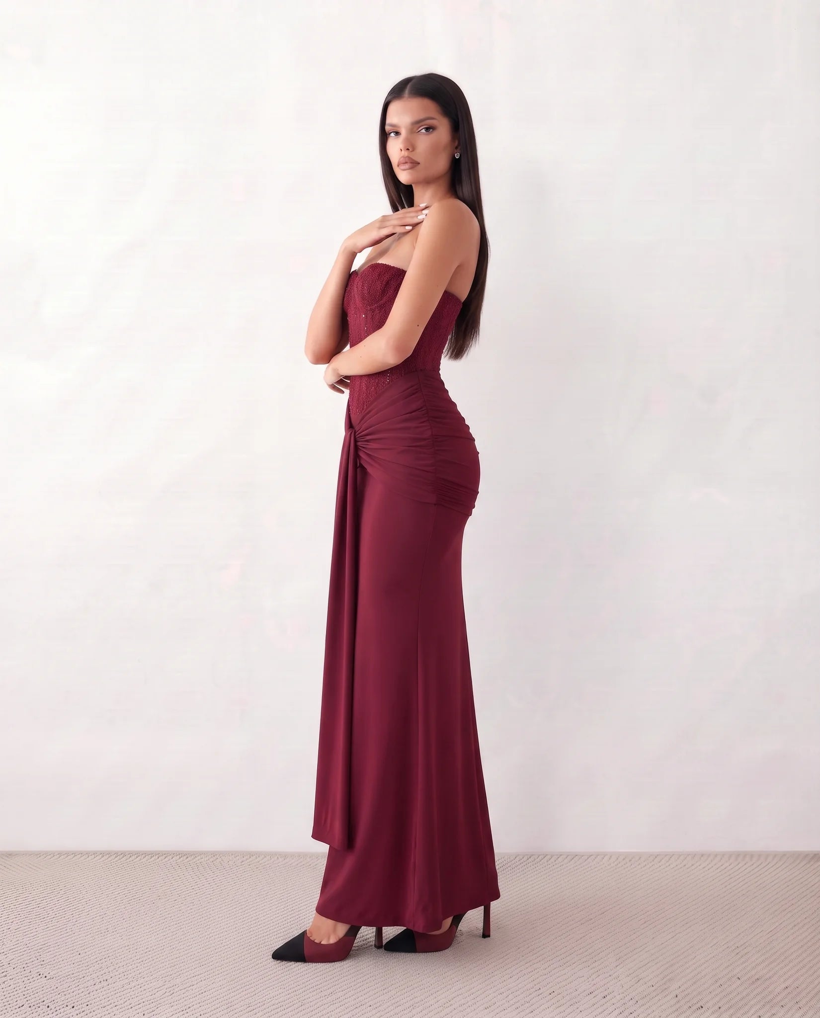 Ulrika Sequined Strapless Maxi Dress in Burgundy — side view
