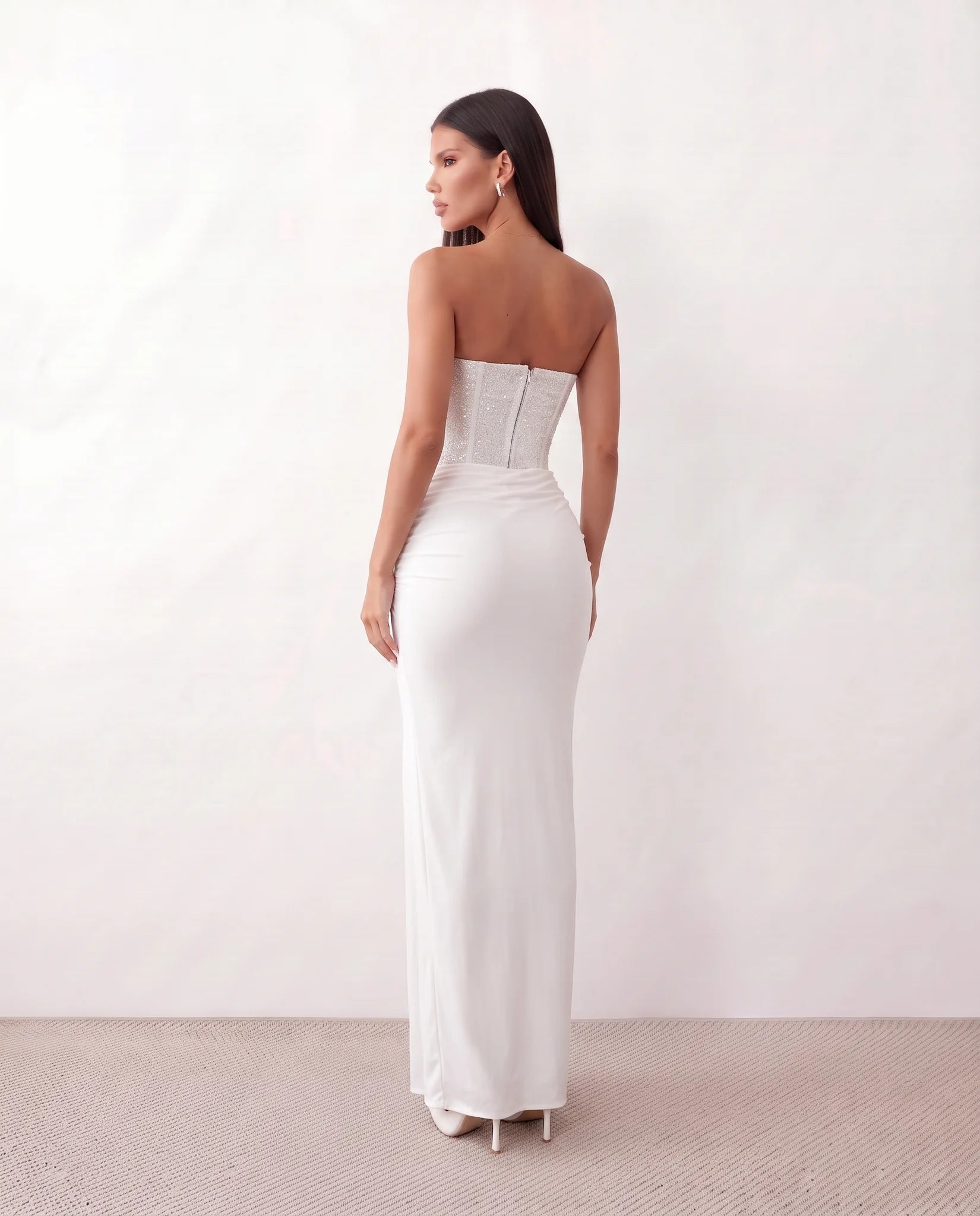 Ulrika Sequined Strapless Maxi Dress in White — back view