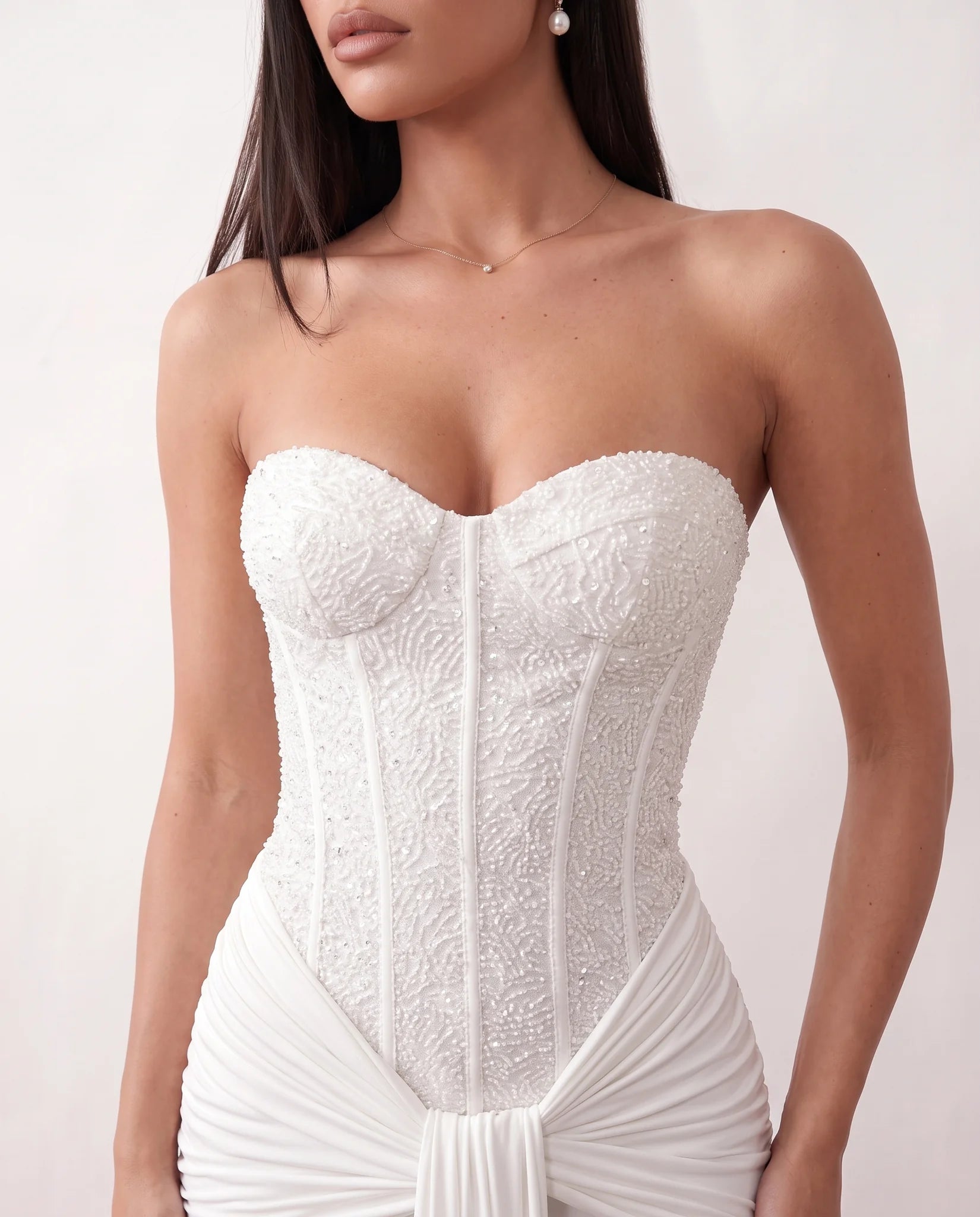 Ulrika Sequined Strapless Maxi Dress in White — detail close-up
