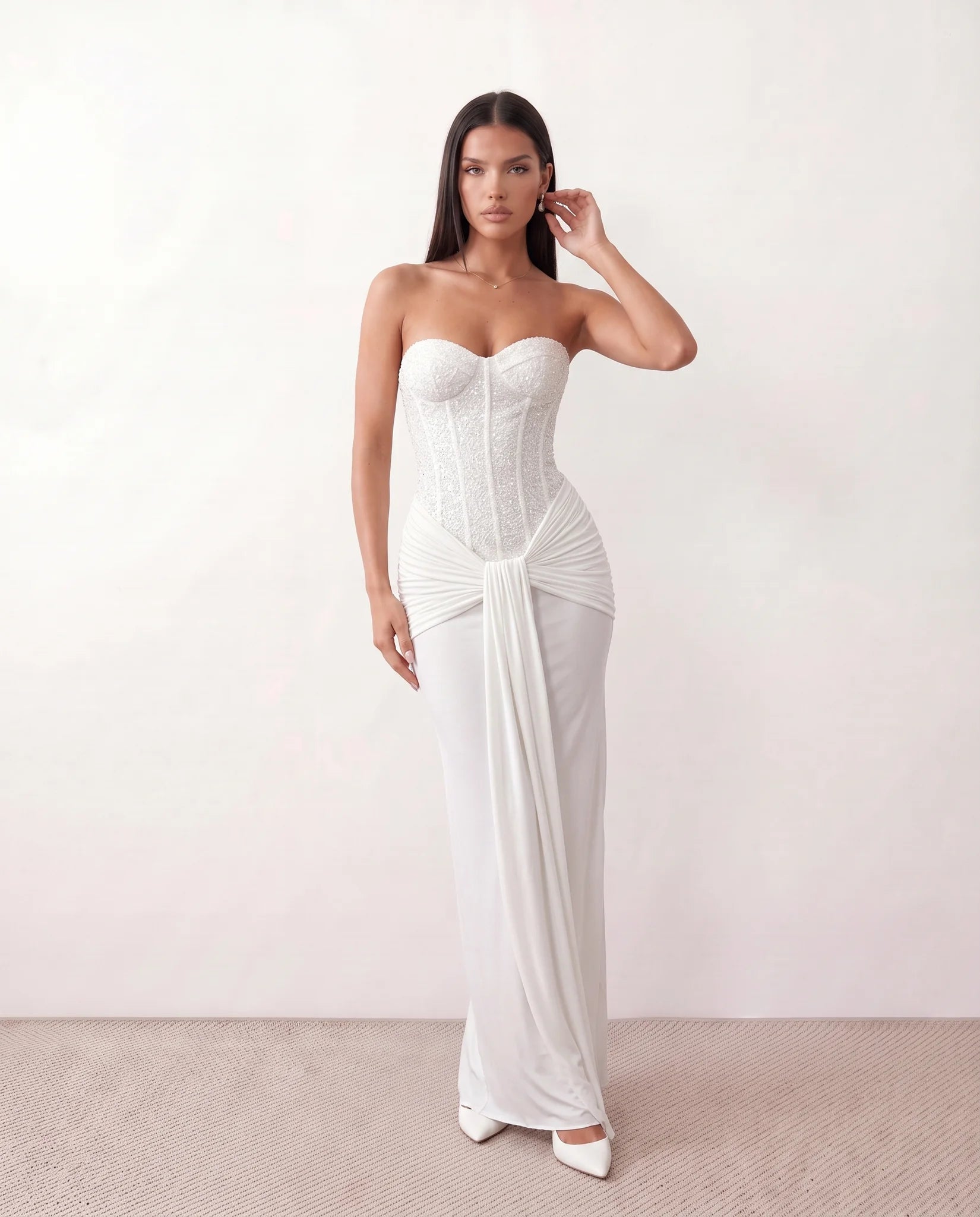 Ulrika Sequined Strapless Maxi Dress in White — front view