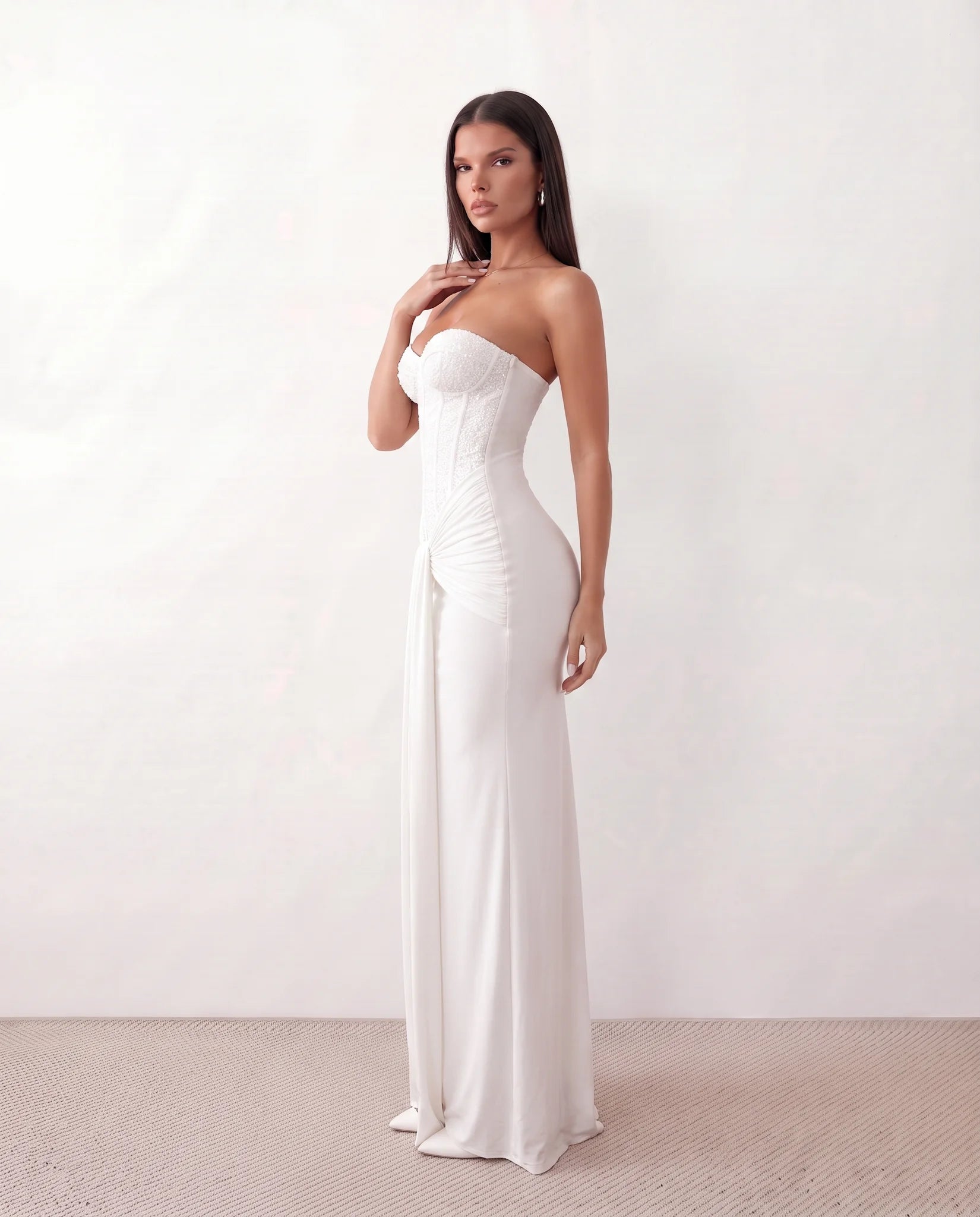 Ulrika Sequined Strapless Maxi Dress in White — side view
