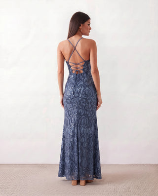 Paulica Sequined Spaghetti Strap Maxi Dress in Blue — back view