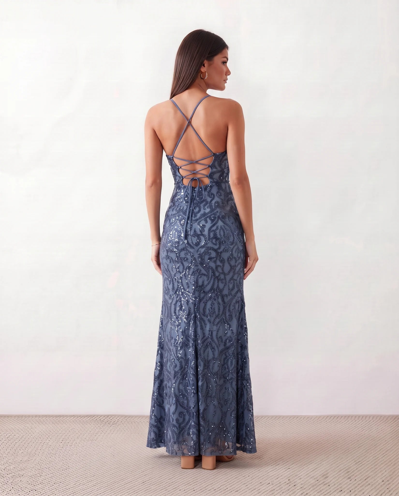 Paulica Sequined Spaghetti Strap Maxi Dress in Blue — back view