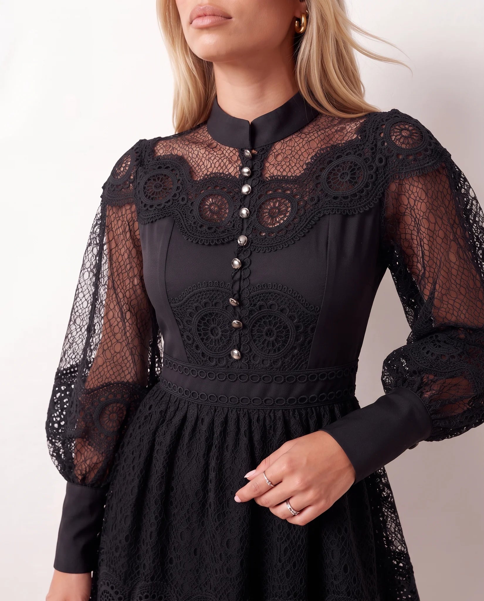 Filipa Lace Openwork Mini Dress in Black — detail close-up
