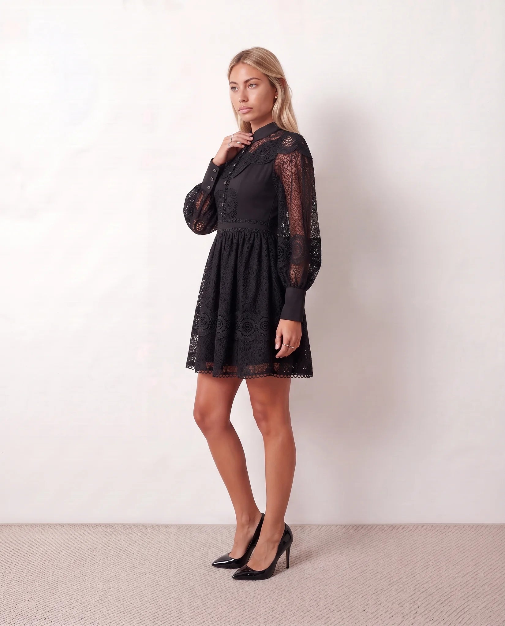 Filipa Lace Openwork Mini Dress in Black — side view