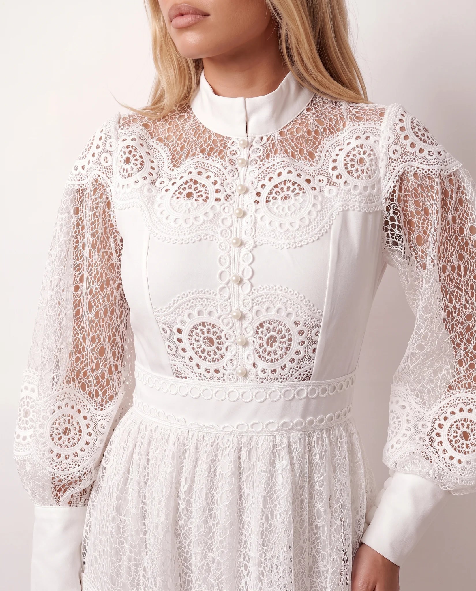 Filipa Lace Openwork Mini Dress in White — detail close-up