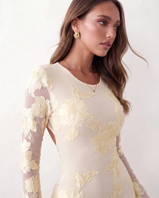 Anahera Open Back Fitted Mini Dress in Floral Yellow — detail close-up