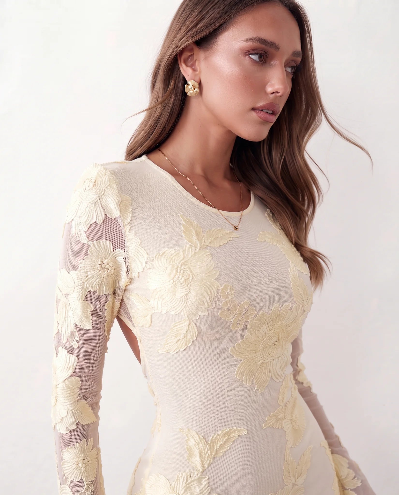 Anahera Open Back Fitted Mini Dress in Floral Yellow — detail close-up