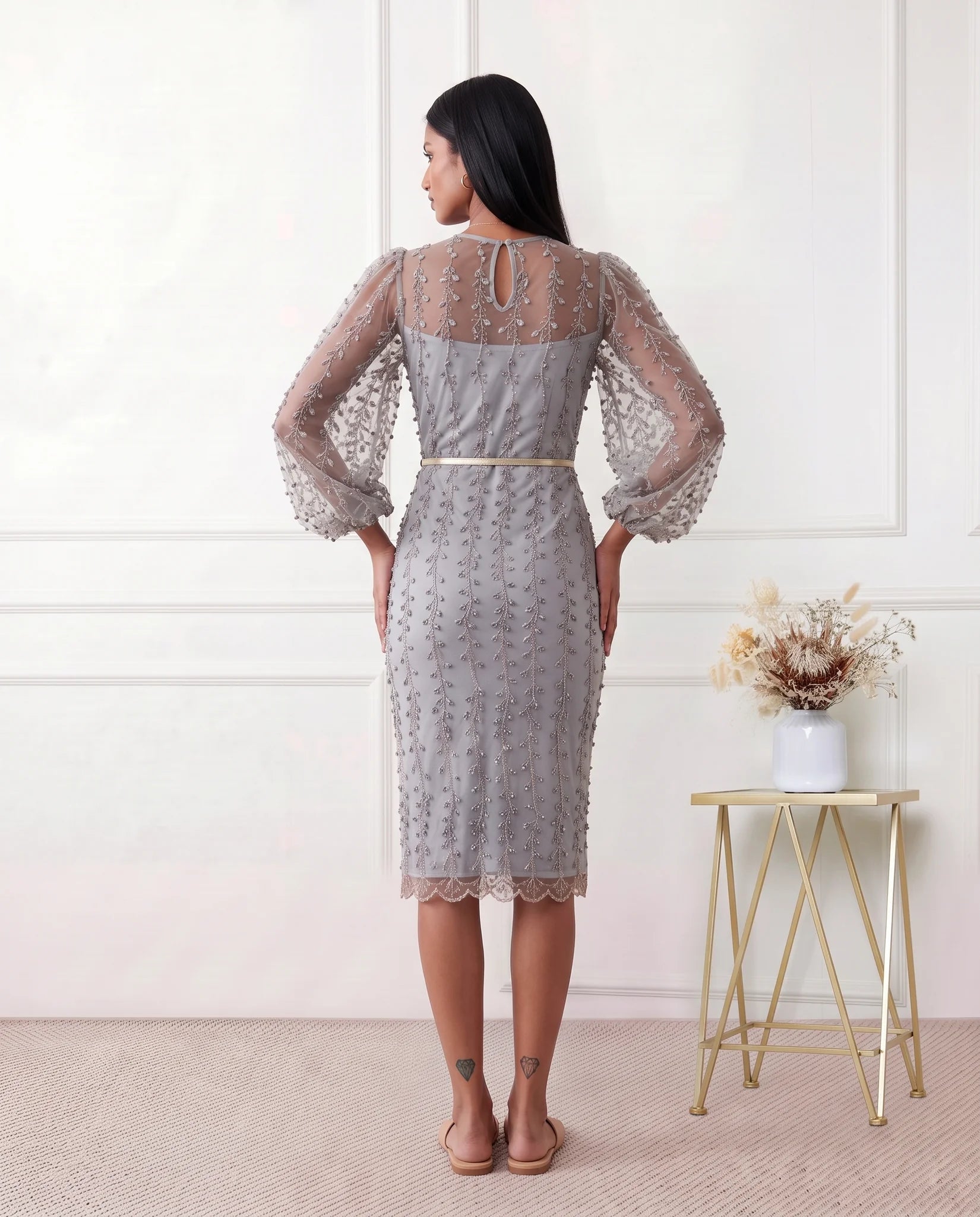Letitia Fitted Embroidered Knee Length Dress in Gray — back view