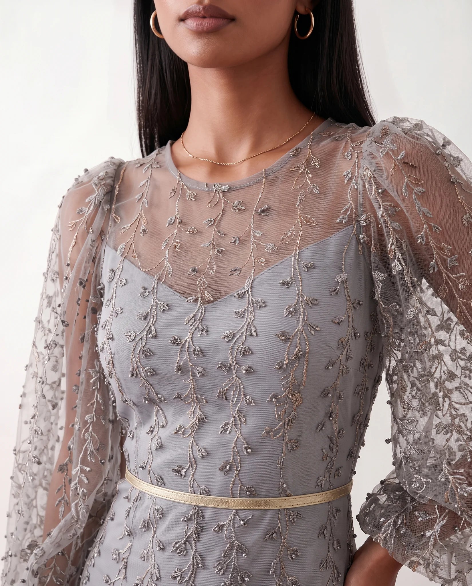 Letitia Fitted Embroidered Knee Length Dress in Gray — detail close-up