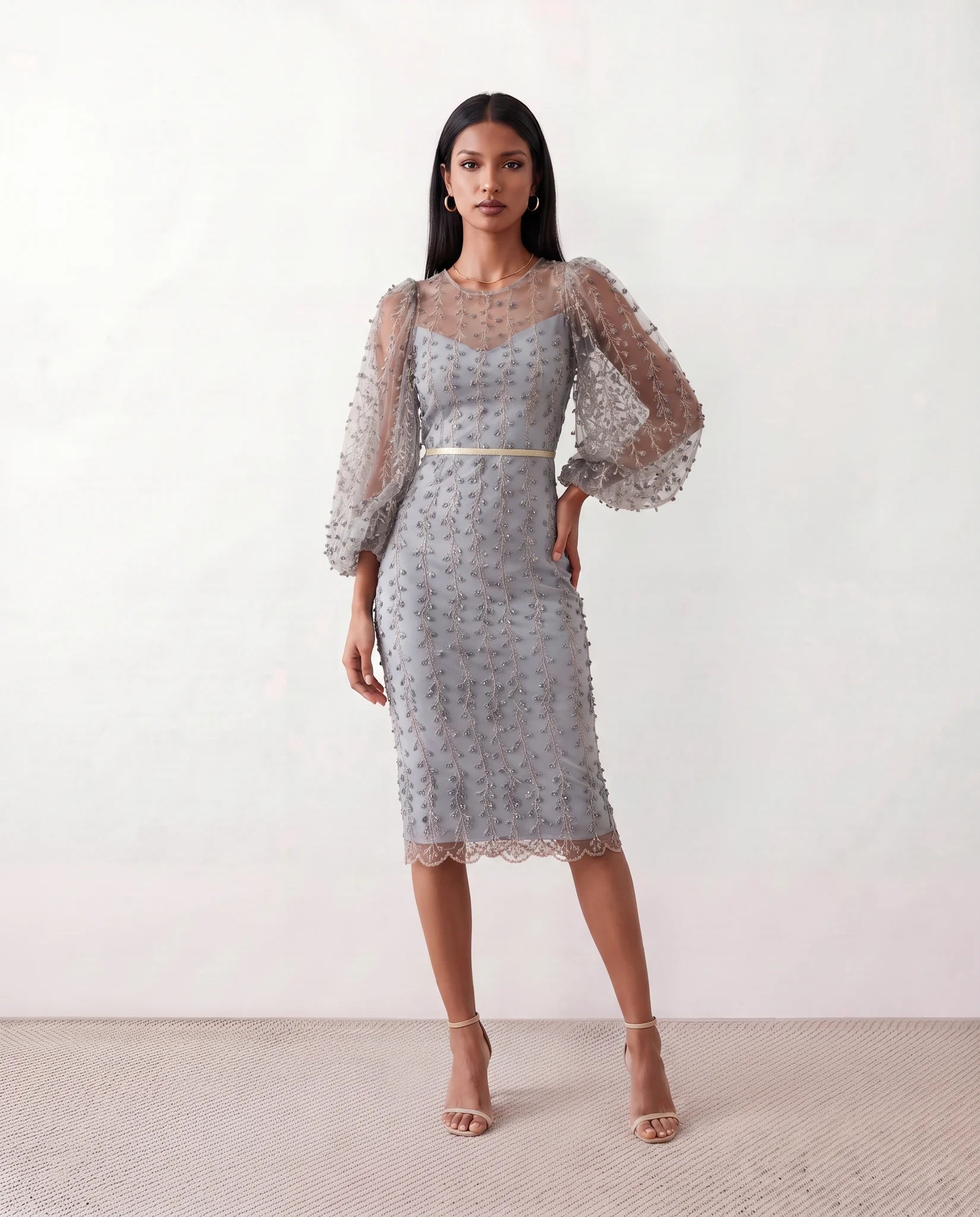 Letitia Fitted Embroidered Knee Length Dress in Gray — front view