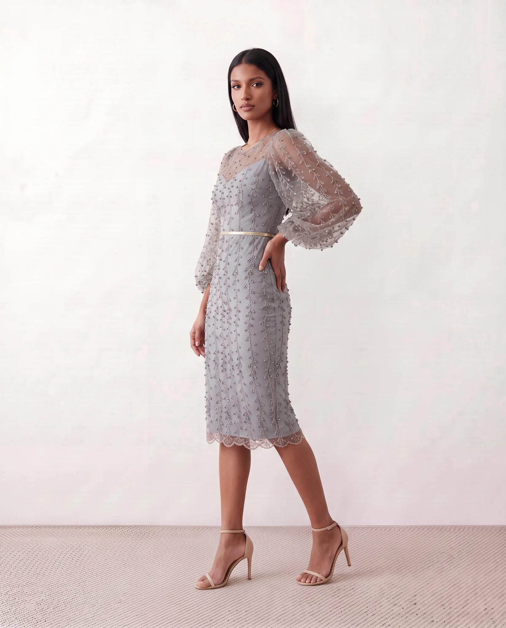 Letitia Fitted Embroidered Knee Length Dress in Gray — side view