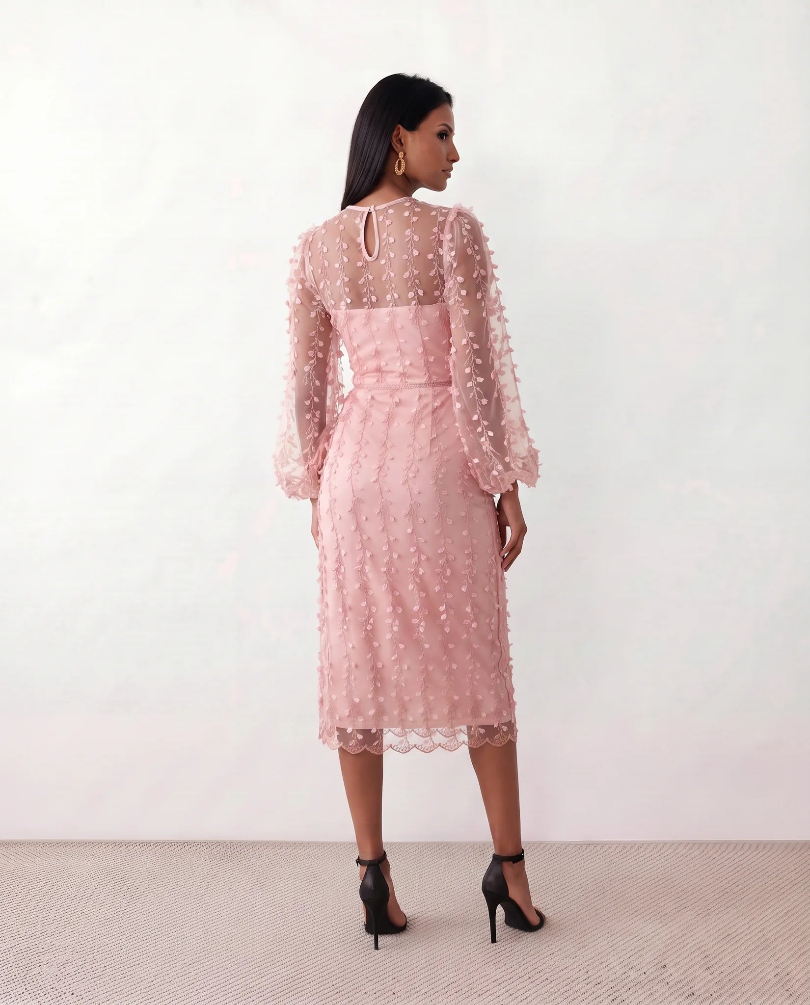 Letitia Fitted Embroidered Knee Length Dress in Pink — back view
